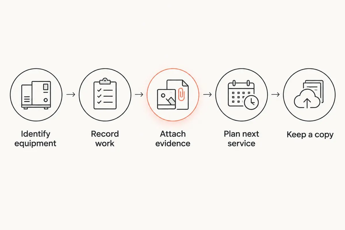 A maintenance logging sequence from identifying equipment to keeping a separate copy.