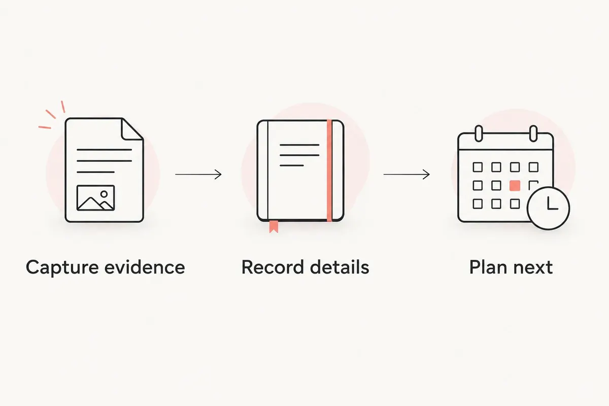 Three steps for recording motorcycle maintenance: capture evidence, record details, and plan next.