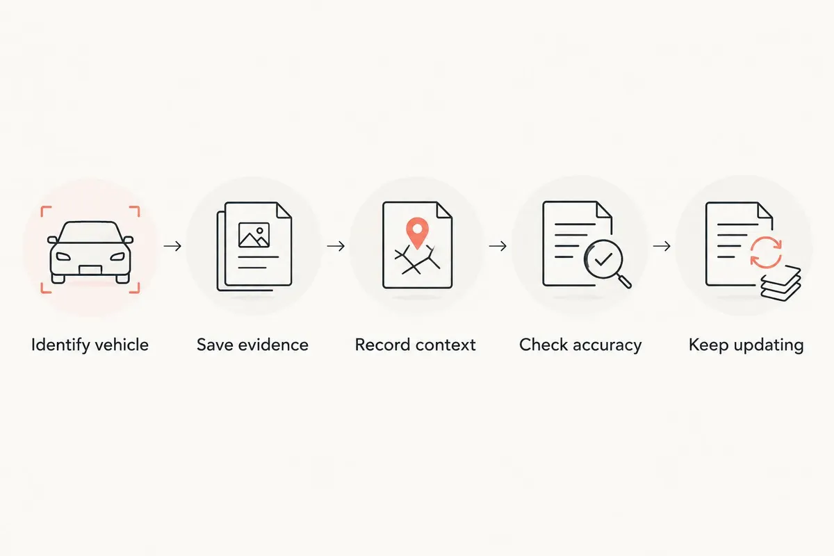 A sequence for identifying a vehicle, saving evidence, recording context, checking accuracy, and updating records.