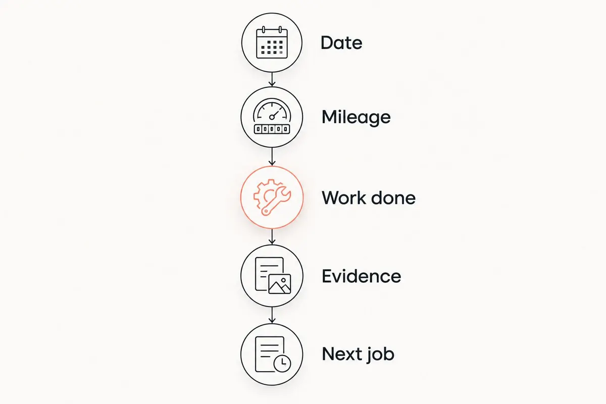 Five fields for explaining completed work and the next unfinished job