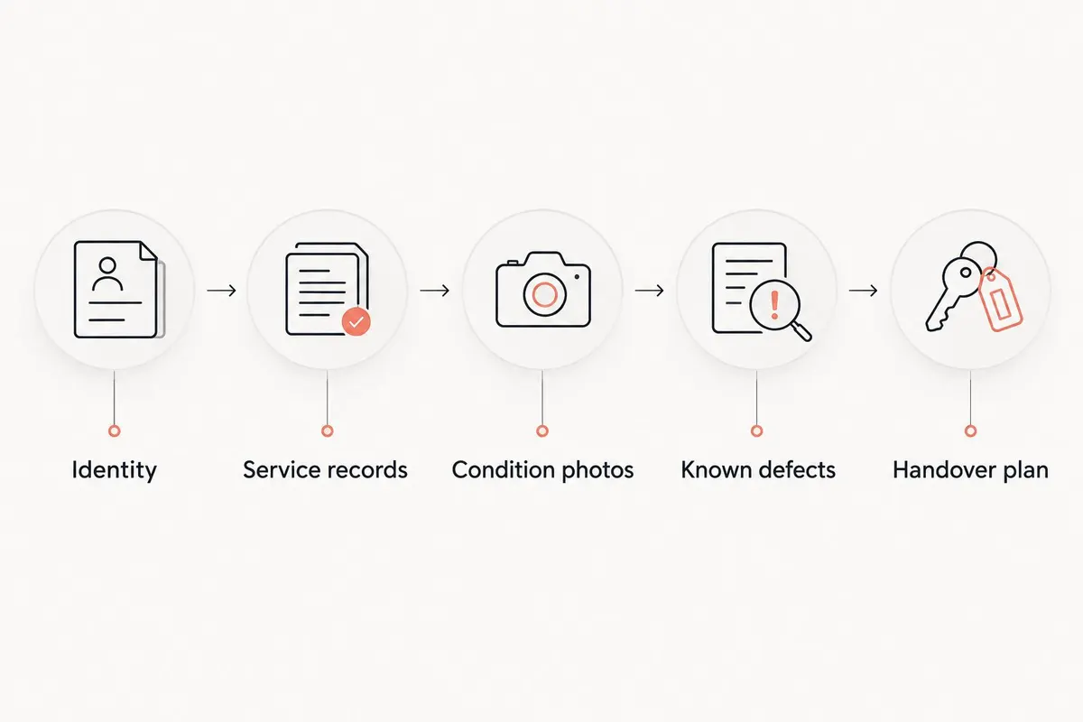 Listing preparation sequence covering identity, service records, photos, defects, and handover