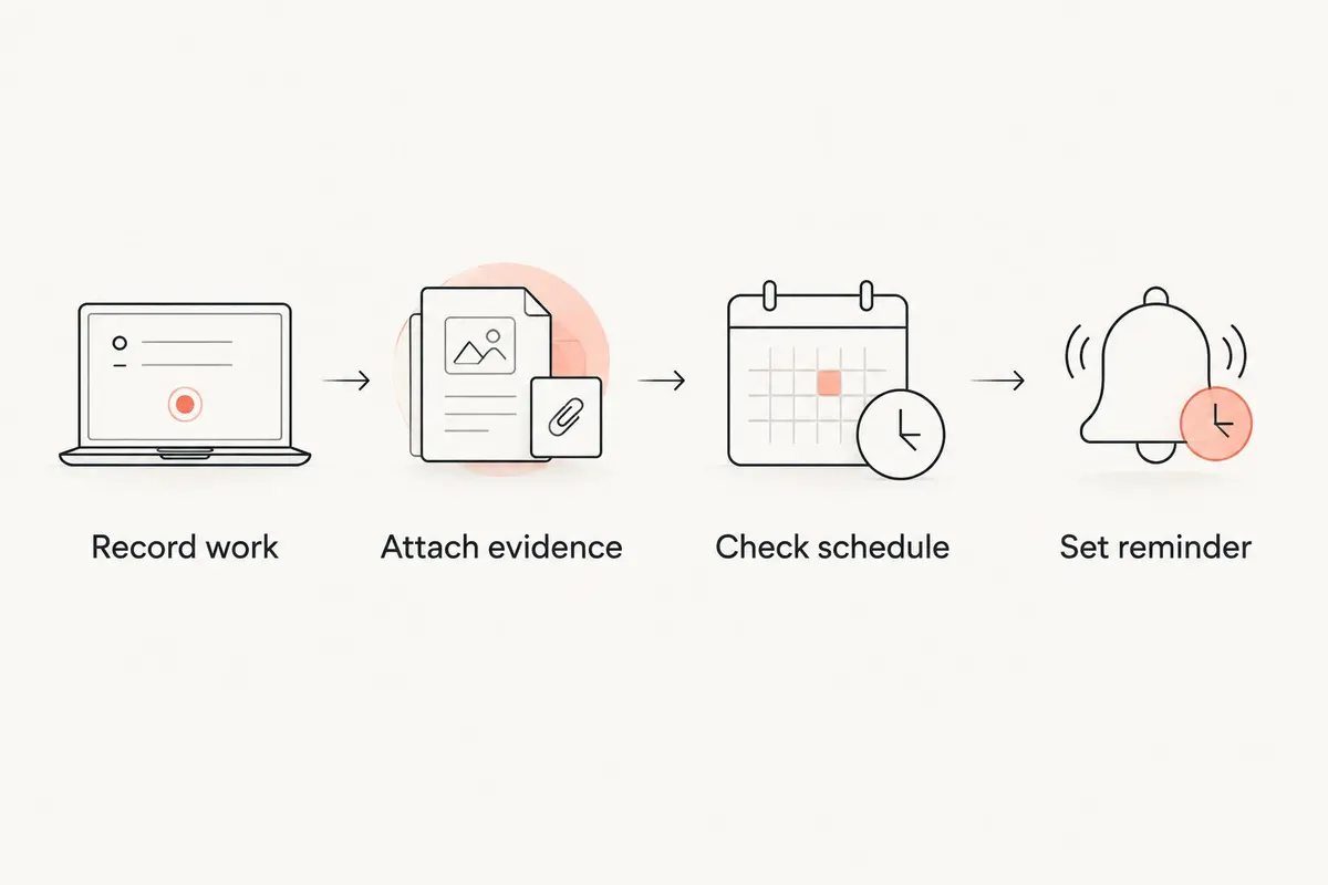 Four steps connecting completed RV service to evidence, schedule checks, and reminders