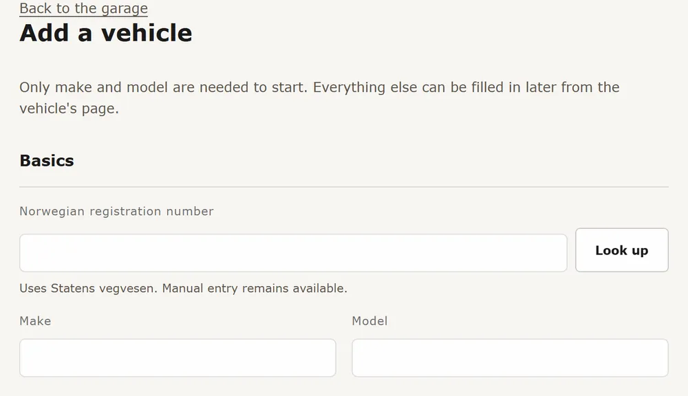 The Add a vehicle form with the Norwegian registration number field and the Look up button