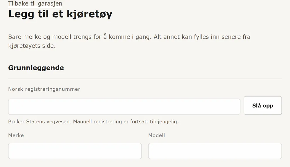 Skjemaet Legg til et kjøretøy med feltet Norsk registreringsnummer og knappen Slå opp
