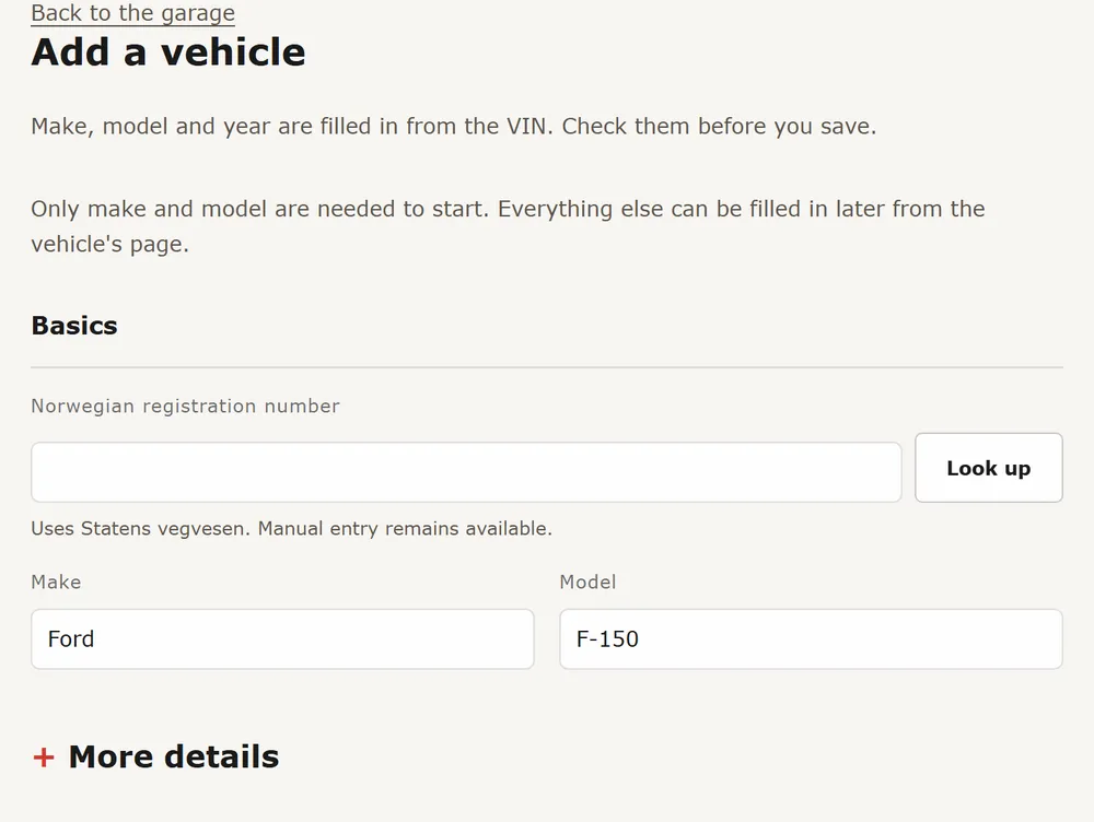 Add a vehicle opened from the VIN decoder, with make, model and year already filled in