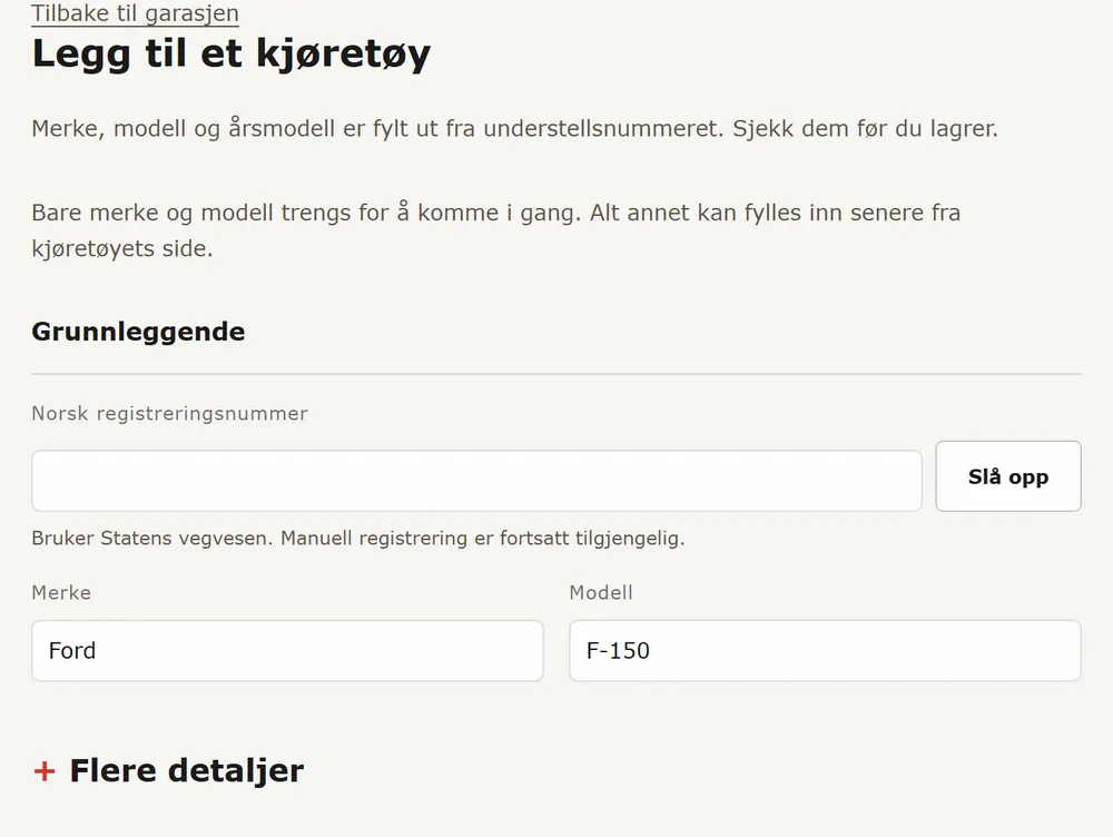 Legg til et kjøretøy åpnet fra VIN-dekoderen, med merke, modell og årsmodell allerede utfylt