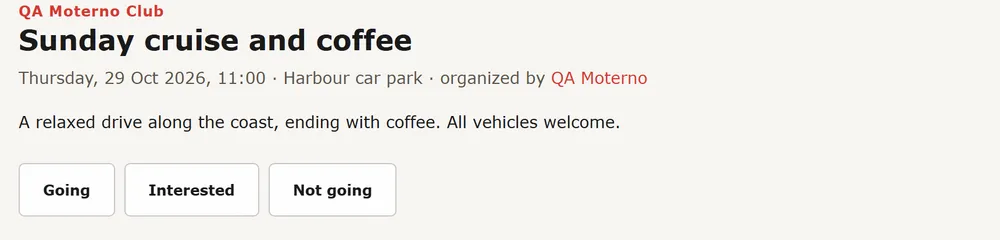 A meet page with Going, Interested and Not going buttons and the list of who is going
