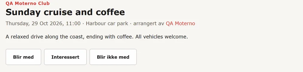 En treffside med knappene Blir med, Interessert og Blir ikke med og listen over hvem som kommer
