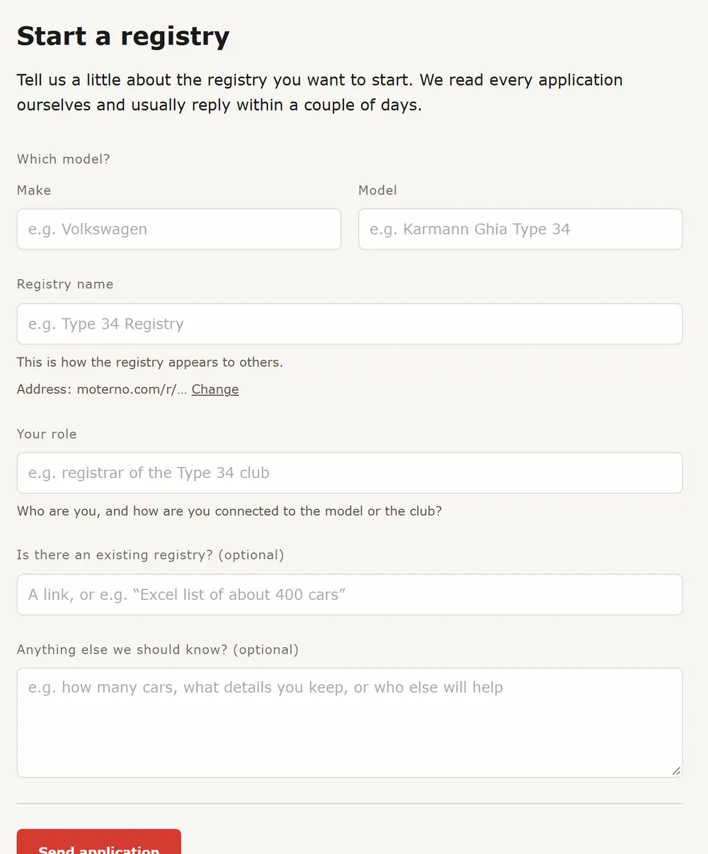 The Start a registry application form with make, model, registry name and your role
