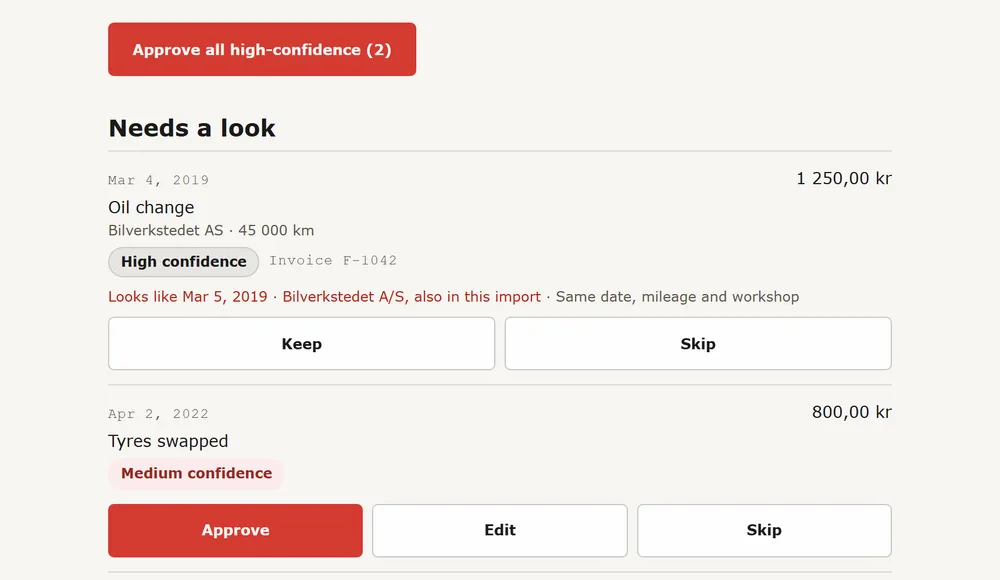 The import review page with entries ready to approve and buttons to approve, edit or skip