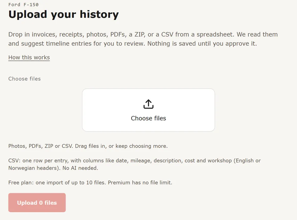 The Upload your history page with Choose files, Take a photo and the free plan note
