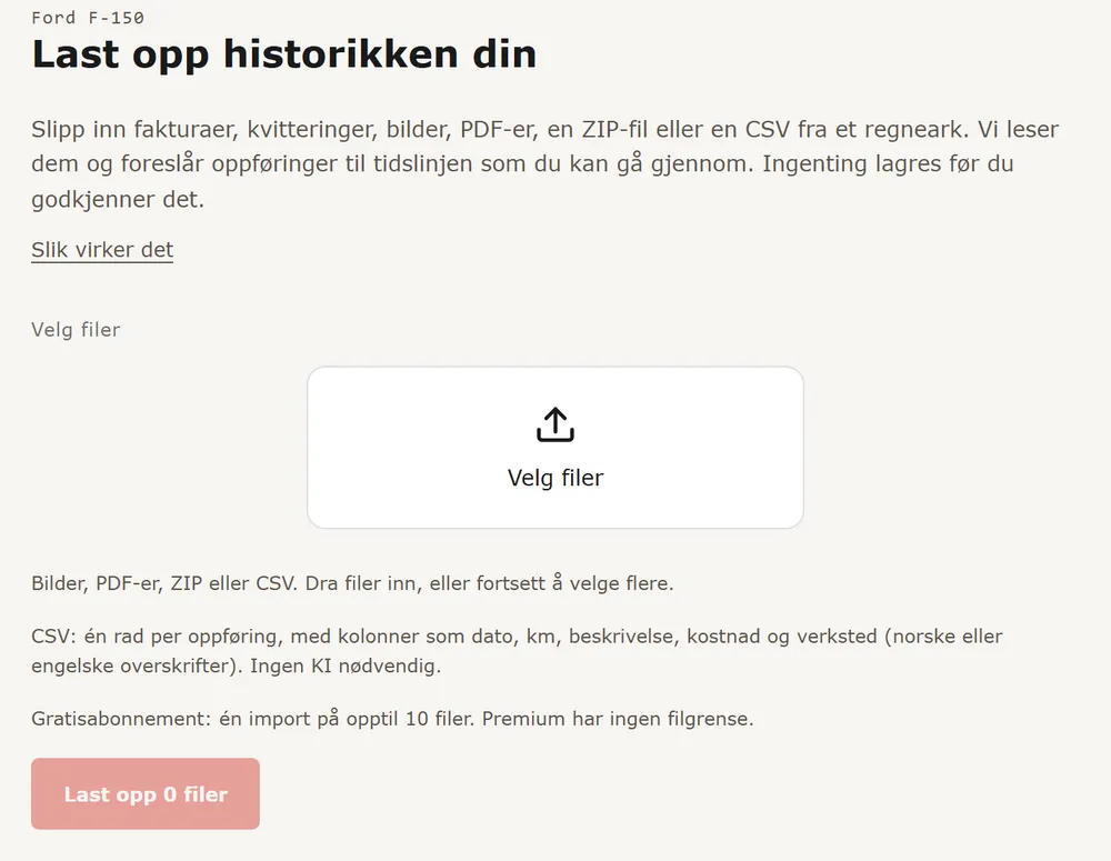 Siden Last opp historikken din med Velg filer, Ta bilde og notatet om gratisabonnement