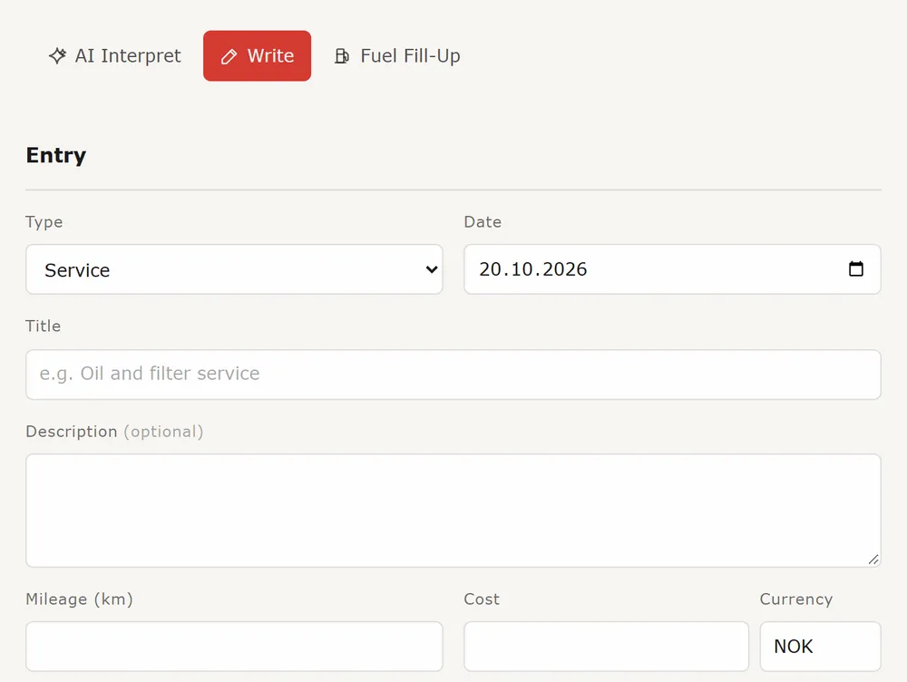 The Write tab with type, date, title, mileage, cost and workshop fields