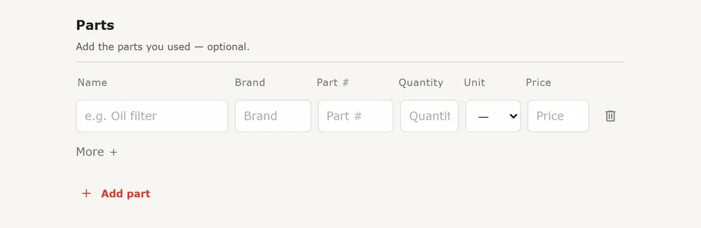 The Parts section of the event form with name, brand, part number, quantity and price