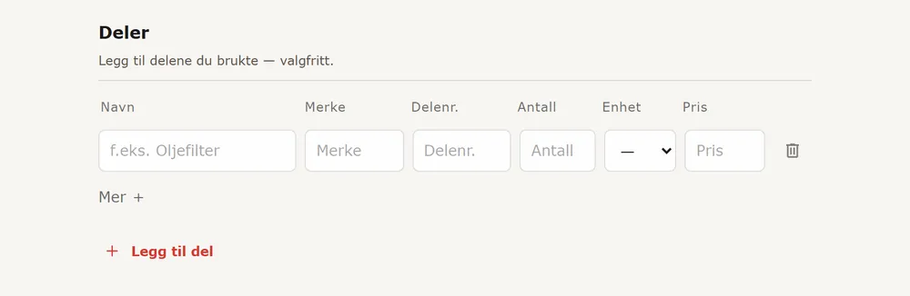 Delen Deler i hendelsesskjemaet med navn, merke, delenummer, antall og pris
