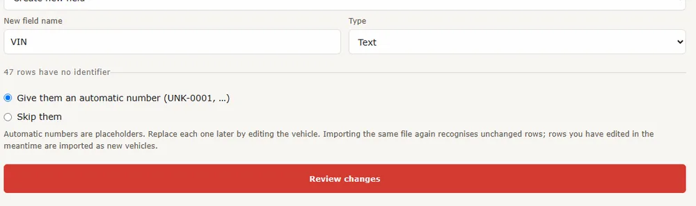 The import column-matching step with the option to give rows without an identifier an automatic number