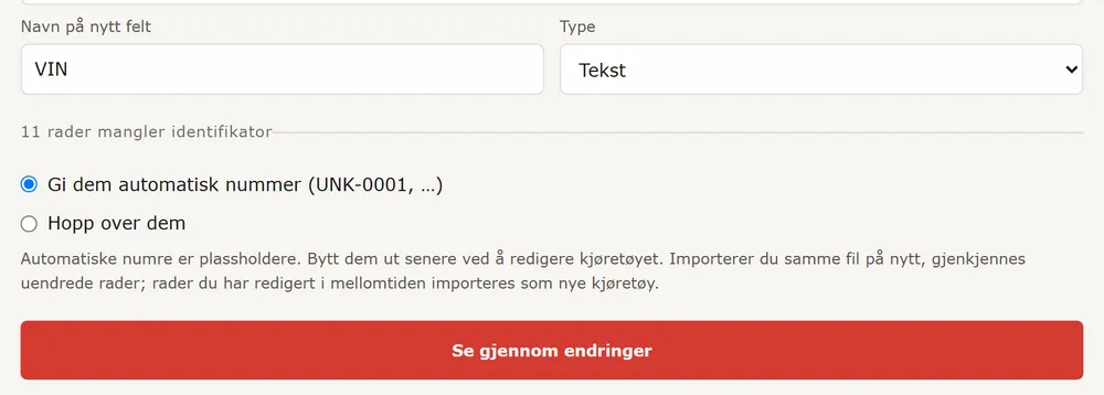 Importtrinnet der kolonnene kobles, med valget om automatisk nummer til rader uten identifikator
