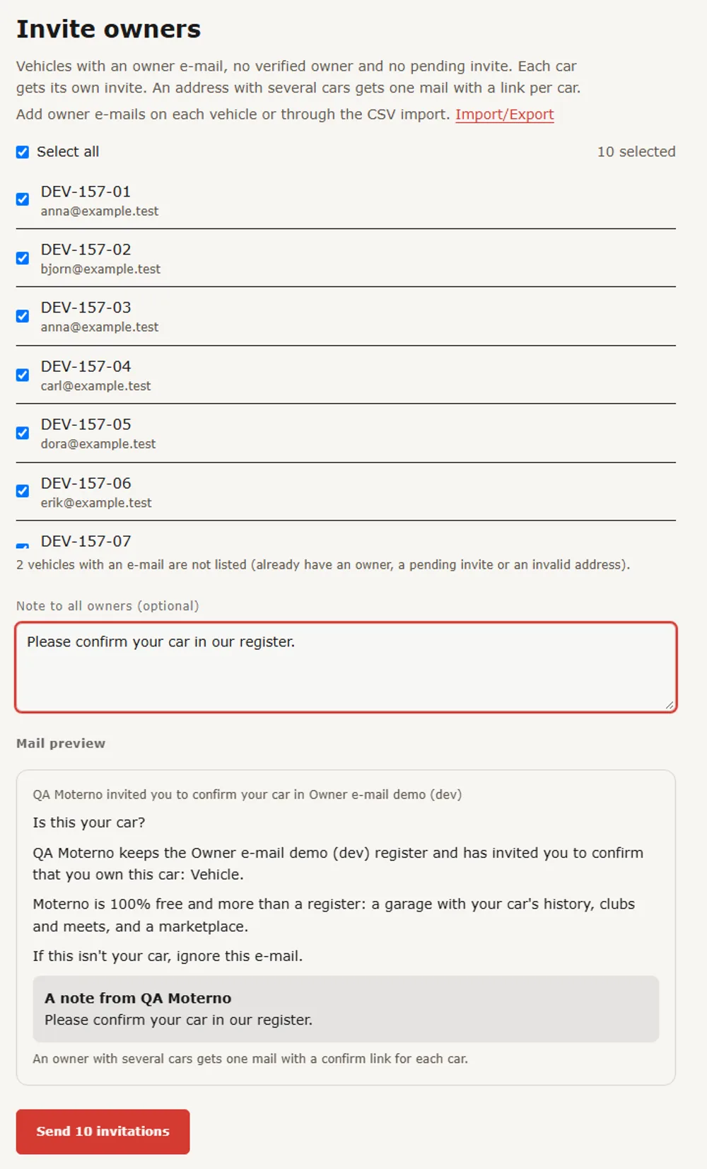 The Invite owners page with a list of cars and e-mail addresses, a note field and a mail preview