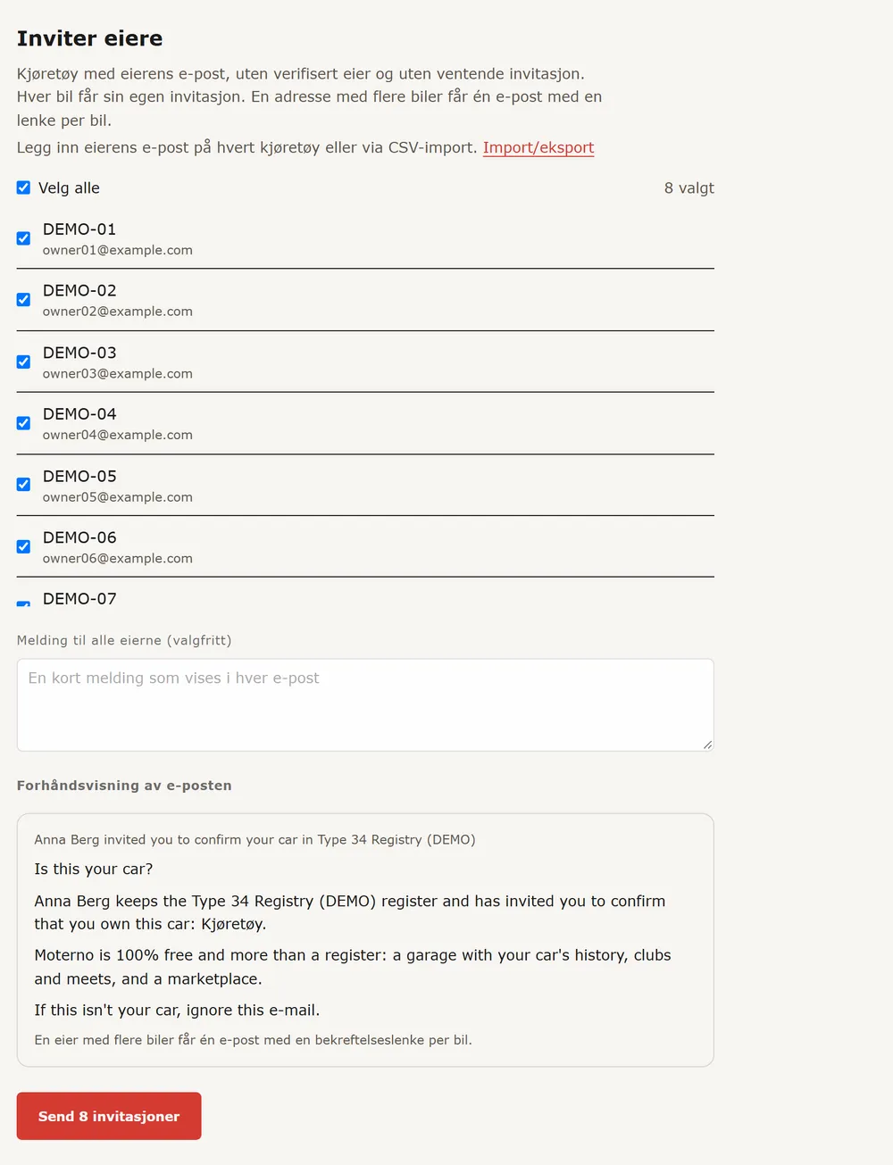 Siden Inviter eiere med liste over biler og e-postadresser, et meldingsfelt og forhåndsvisning av e-posten