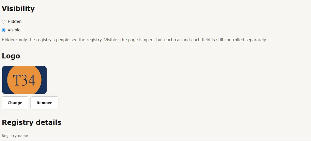 Registry Settings with Visibility, Logo and the Name of the identifier field