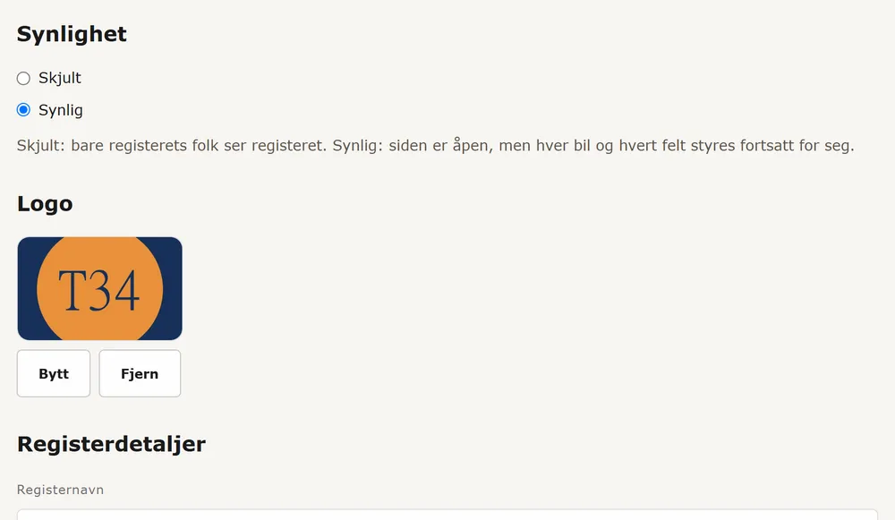 Registerets innstillinger med Synlighet, Logo og feltet for navn på identifikatoren