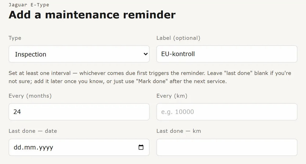 The reminder form opened from a preset, with the interval filled in