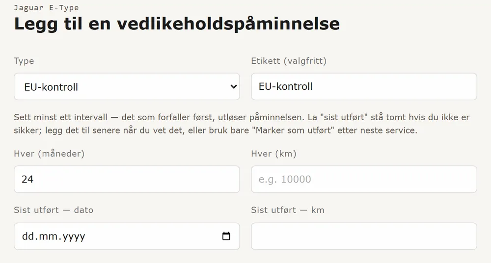 Påminnelsesskjemaet åpnet fra et forslag, med intervallet utfylt