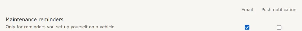 The Notifications tab with the Maintenance reminders row and its E-mail and Push options