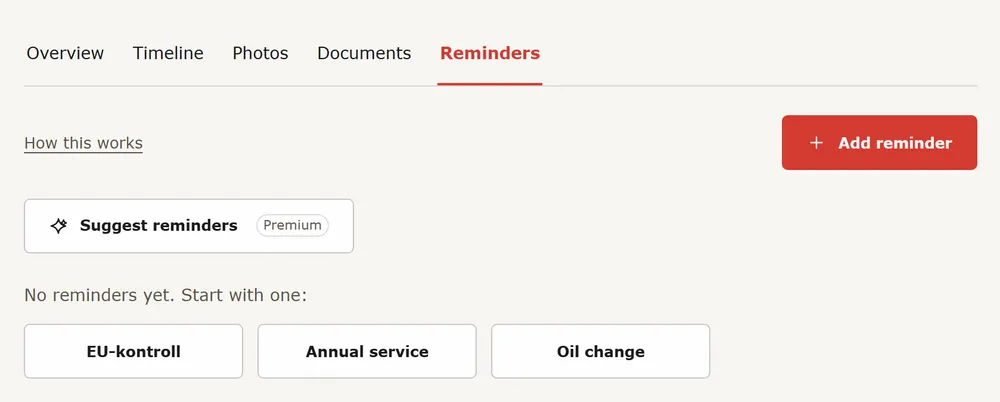 The Reminders tab of a vehicle with no reminders, showing the one-tap preset buttons