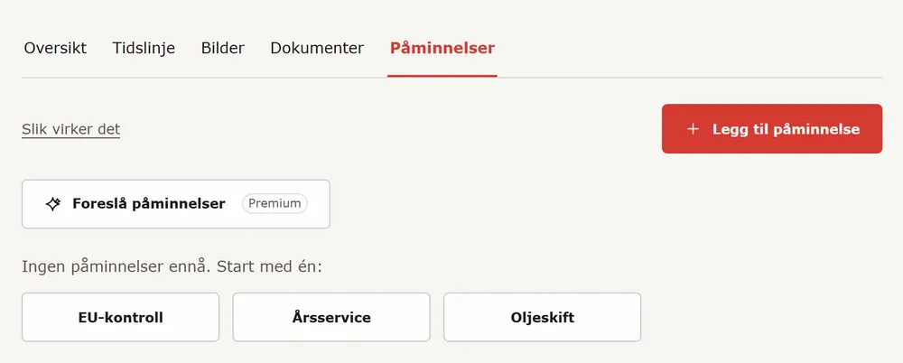 Fanen Påminnelser på et kjøretøy uten påminnelser, med ett-trykks forslag
