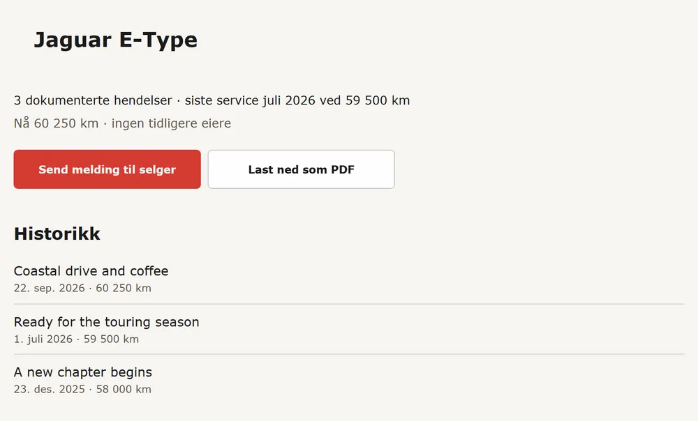 Kjøperens visning av en salgsmappe med historikkliste, Send melding til selger og Last ned som PDF