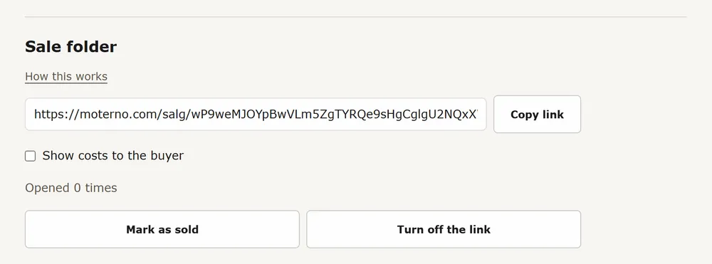 The Sale folder section on the vehicle's Documents tab with the secret link and its options