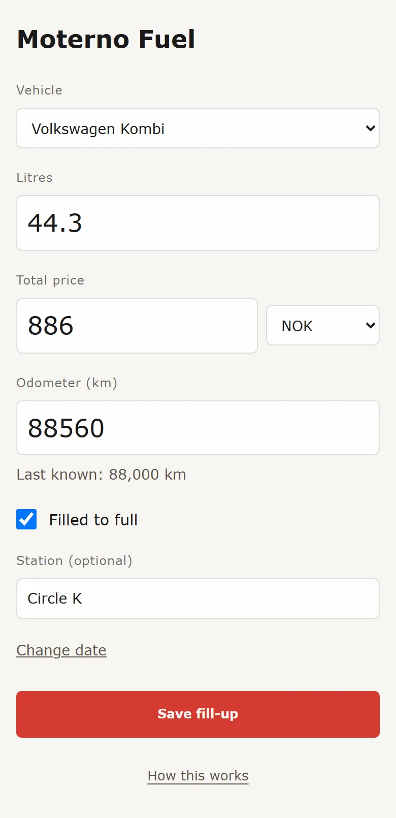 The Moterno Fuel app with fields for litres, total price, odometer and a Filled to full checkbox