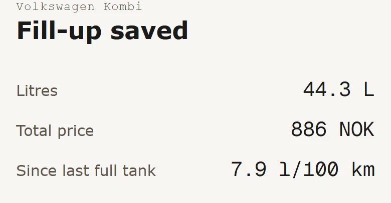 The Fuel app after saving, showing litres, price and consumption since the last full tank
