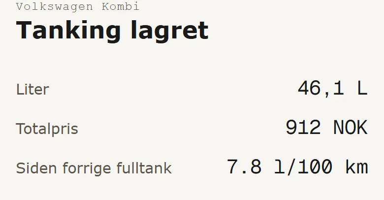 Fuel-appen etter lagring, med liter, pris og forbruk siden forrige fulltank